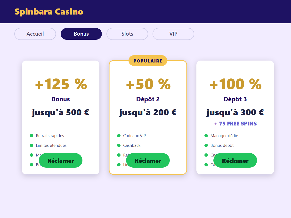Bonus de bienvenue Spinbara Casino