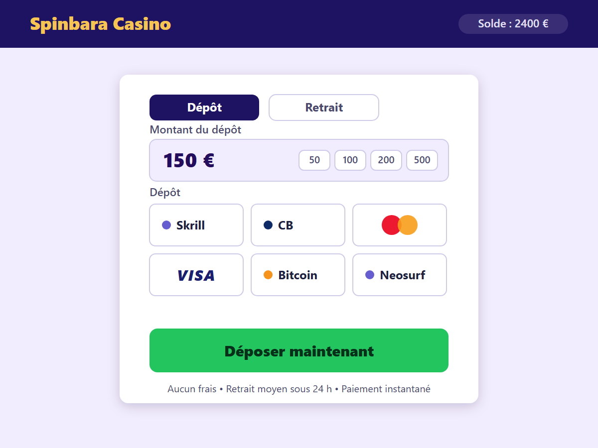 Page de dépôt Spinbara Casino — méthodes de paiement