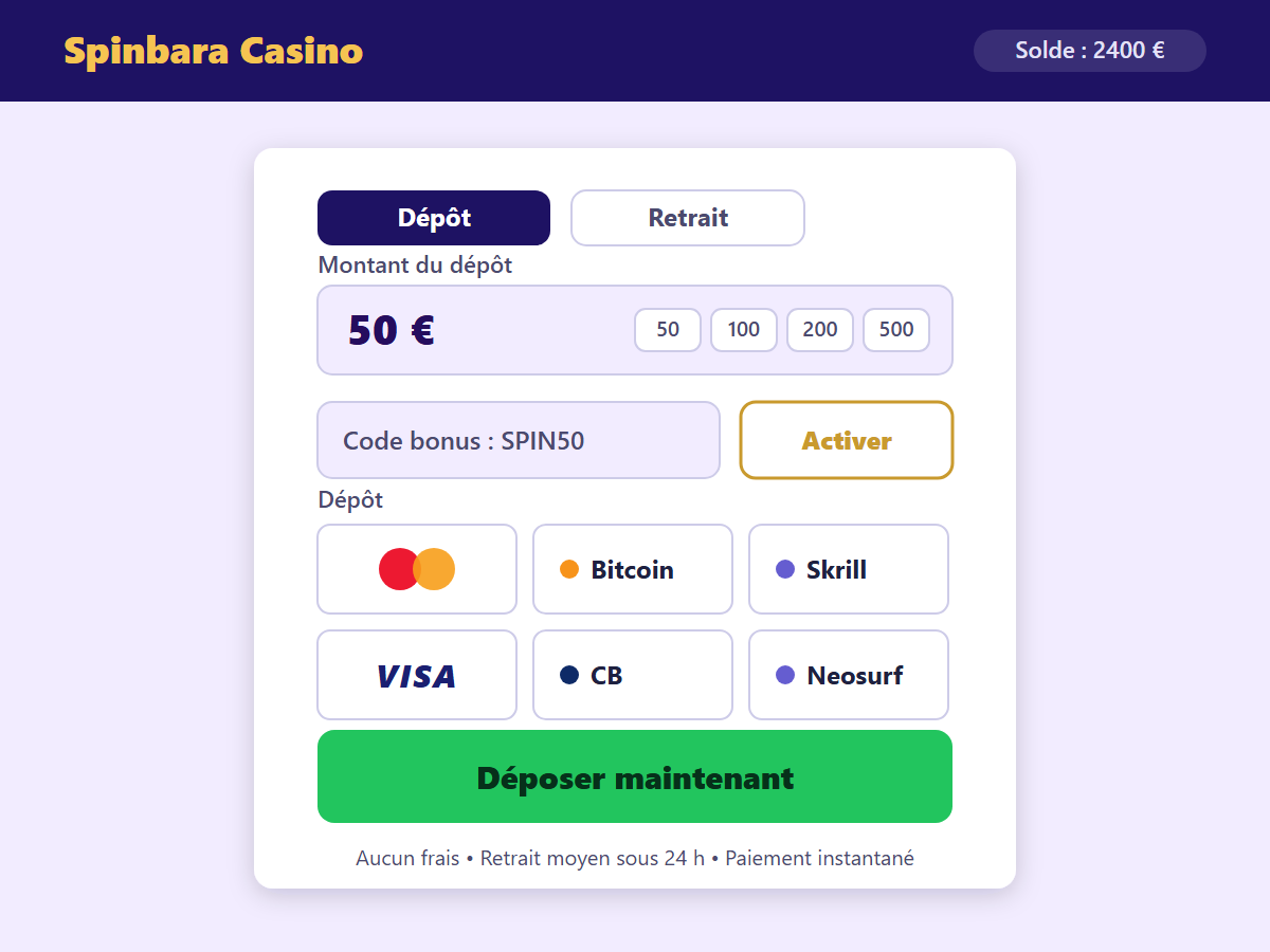 Page de dépôt Spinbara Casino — méthodes de paiement